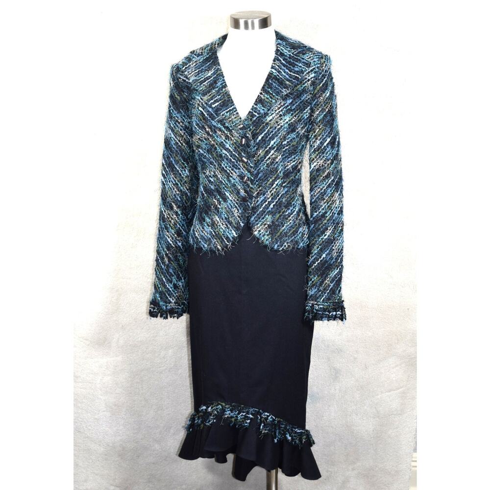 Vtg Lavantino Women's Sz 8 2-pc Skirt Suit Retro YK2 Hi-Low Fitted Shoulder Pads